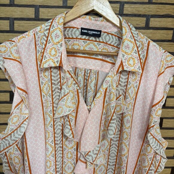 Karl Lagerfeld Pink Pearl Button Front‎ Cap Sleeve Plus Size Blouse - Picture 3 of 9